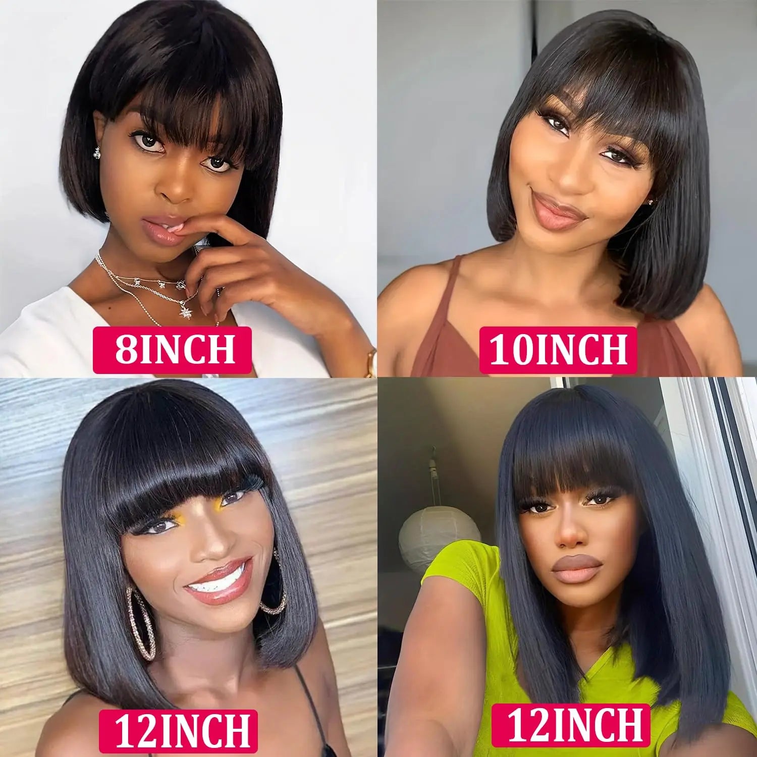 Glueless Straight Bob Human Hair Wigs With Bangs for Women Daily Use 8-10 Inch Non Lace Machine Made Straight Bob Wig On Sale