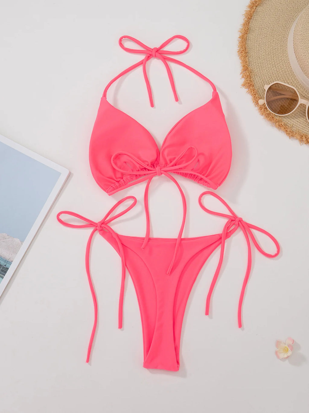 New European and American Pure Color Sexy Tied Rope Spicy Girl Temperament Women's Fashionable Bikini Swimsuit Bright Color