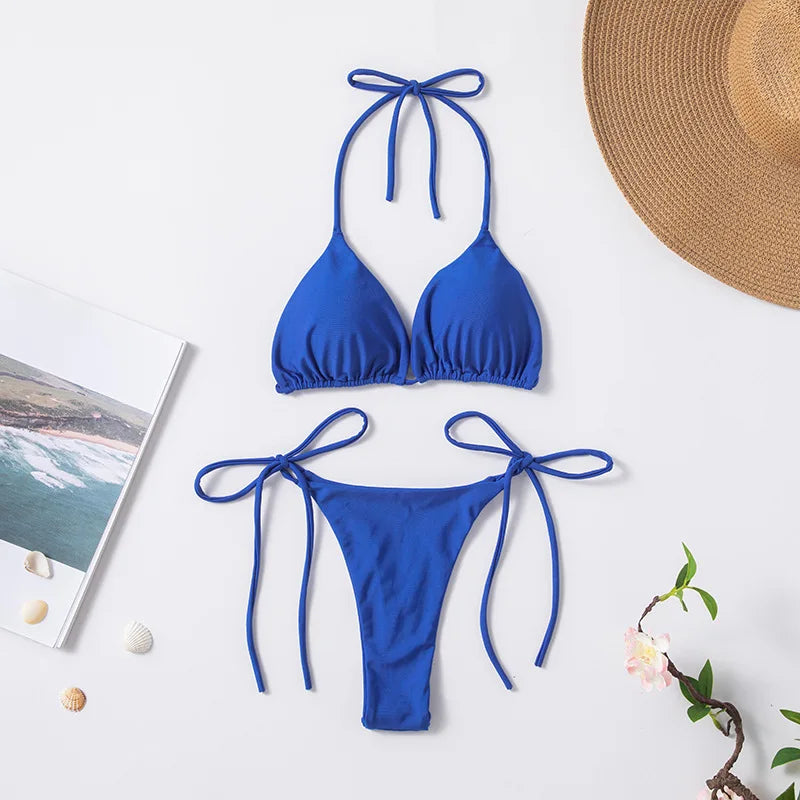 New European and American Pure Color Sexy Tied Rope Spicy Girl Temperament Women's Fashionable Bikini Swimsuit Bright Color