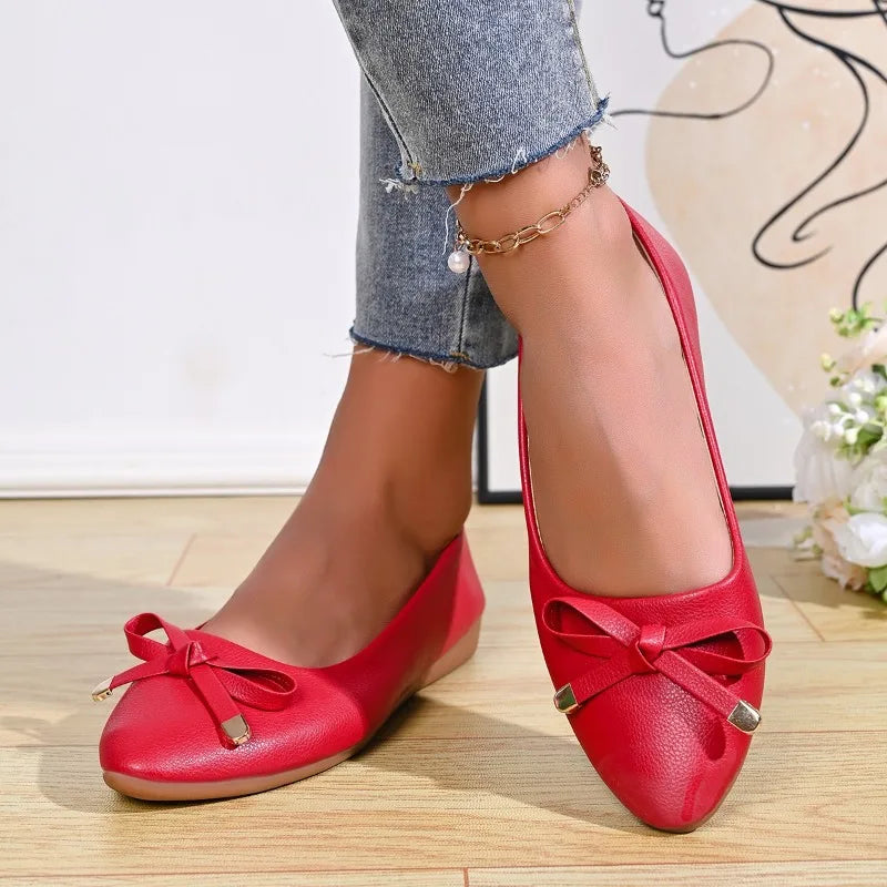 Bow Shallow Mouth Soft Sole Comfortable Leather Shoes Women's New Wedge Single Shoes