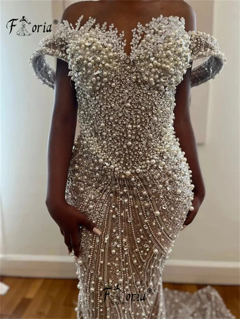 Luxo Pearls Beaded Mermaid Wedding Dress Off The Shoulder Crystal Formal Party Gown Nude Tulle Prom Dresses For Women Customized