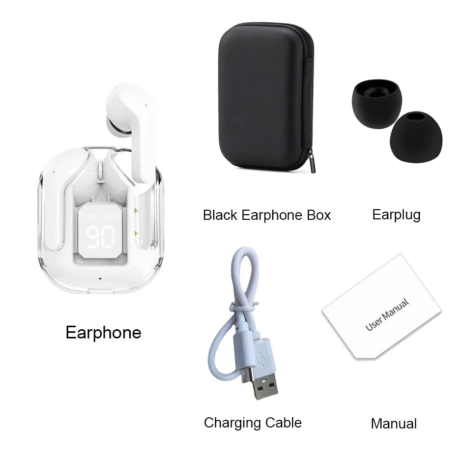 New Bluetooth 5.3 Wireless Headset Transparent Headphones LED Power Digital Display Stereo Sound Earphones for Sports Working