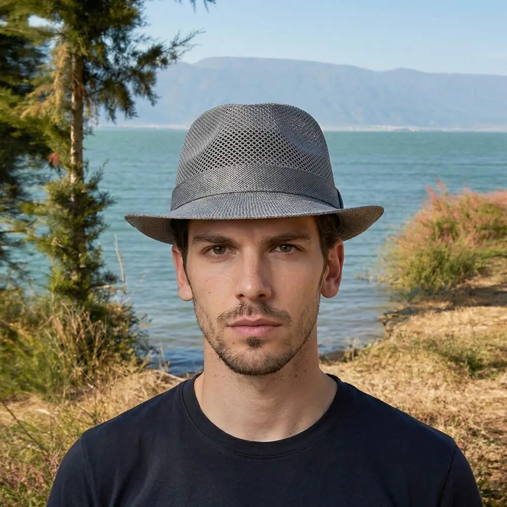 Fashion Breathable Mesh Top Hat Solid Color Lightweight Hollow Sun Hat Sun Protection Rolled Brim Beach Jazz Cap Casual Wear
