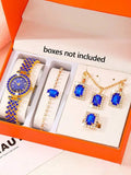 Luxury Blue Crystal Inlaid Alloy Womens Quartz Wristwatch With Bracelet Band