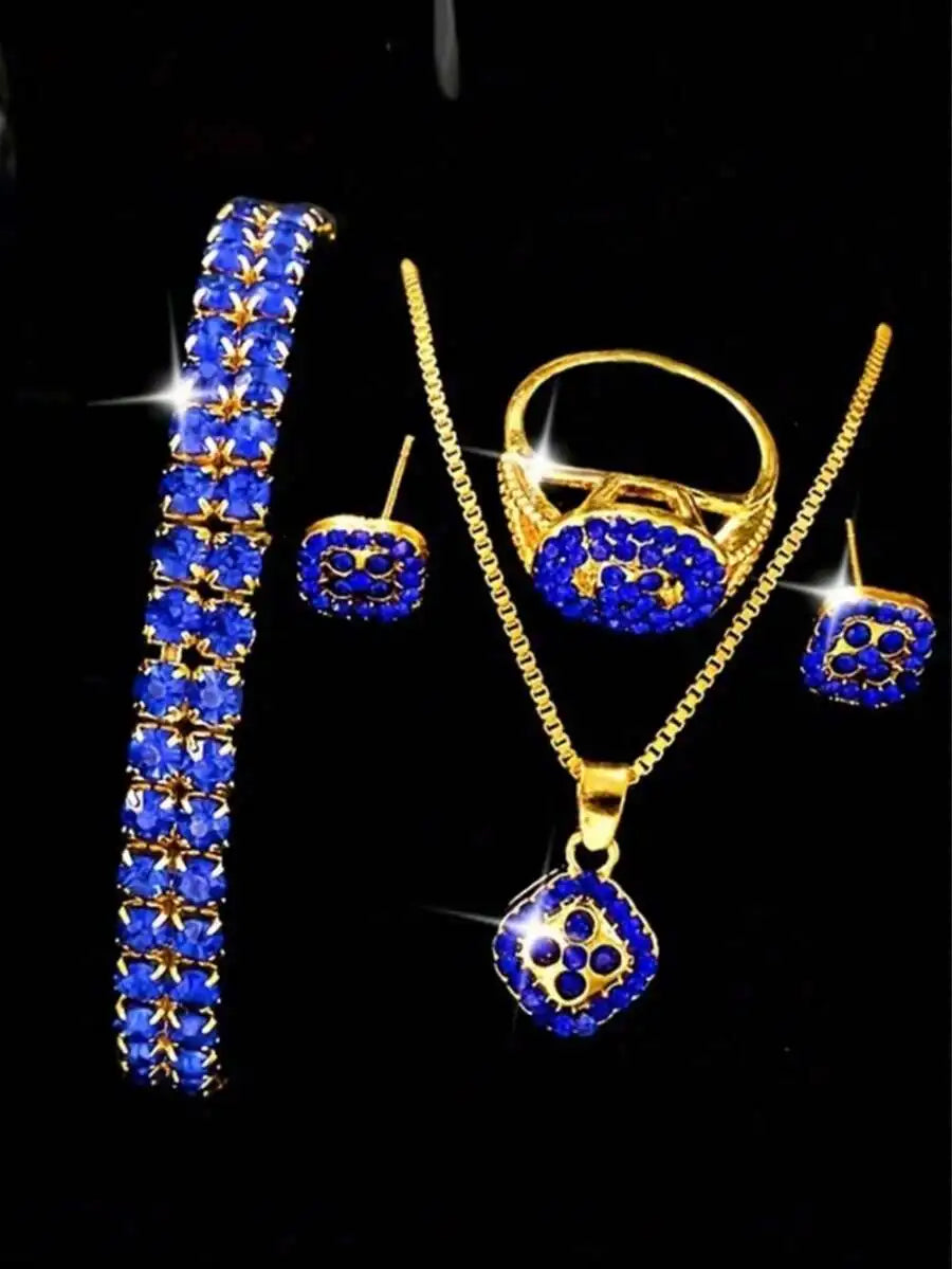 Luxury Blue Crystal Inlaid Alloy Womens Quartz Wristwatch With Bracelet Band