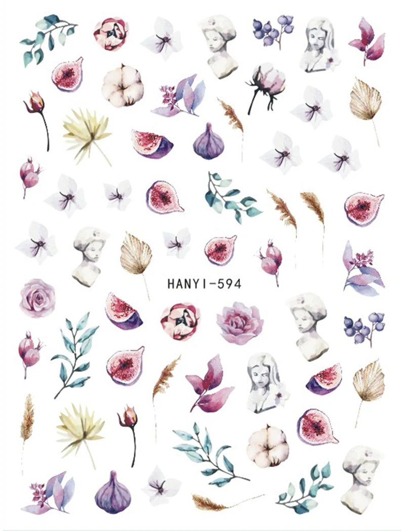 3d Nail Art Decals Grey Dry Florals Watercolor Nuance Flowers Adhesive Sliders Nails Stickers Decorations For Manicures Tips