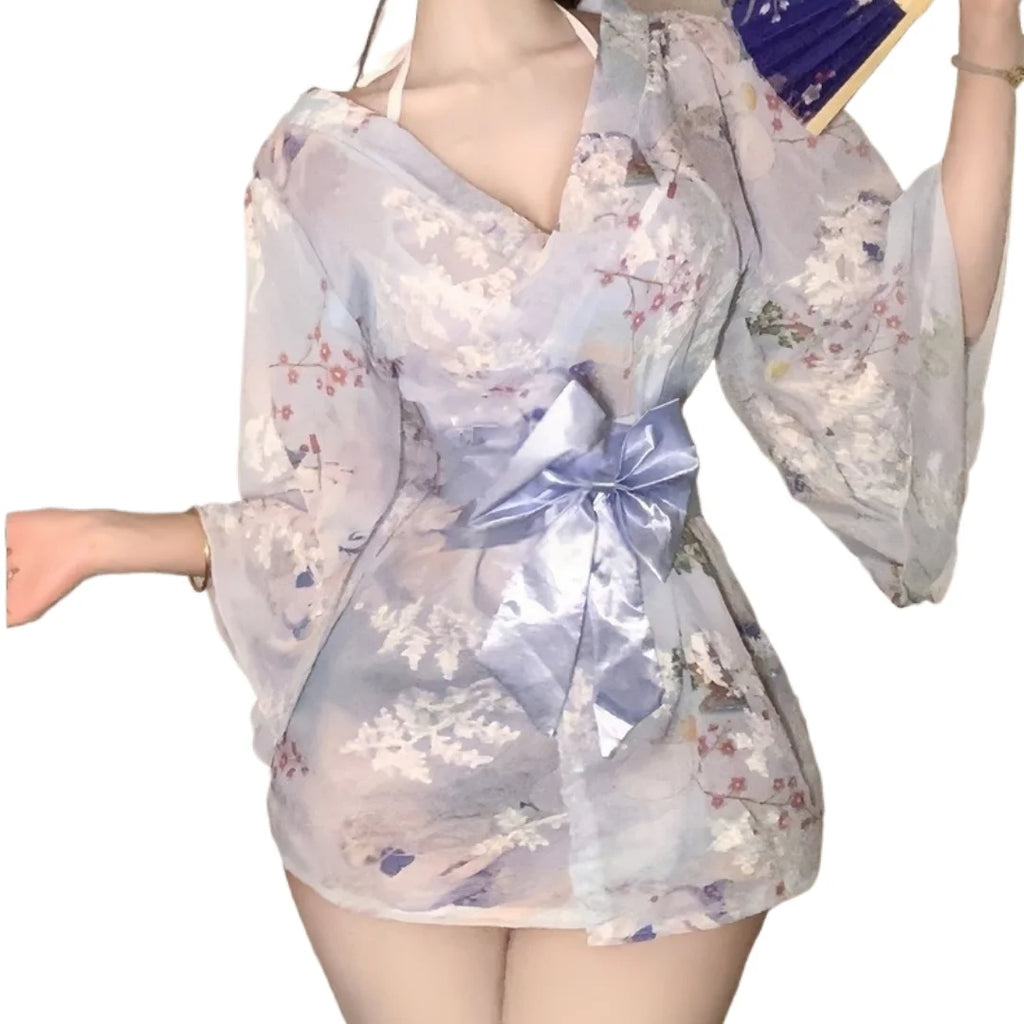 2026 New Tokyo Goddess Girl Sweet Bow Sexy Print Embroidered Kimono Bathrobe Chiffon Nightgown Erotic Lingerie Cosplay Costume