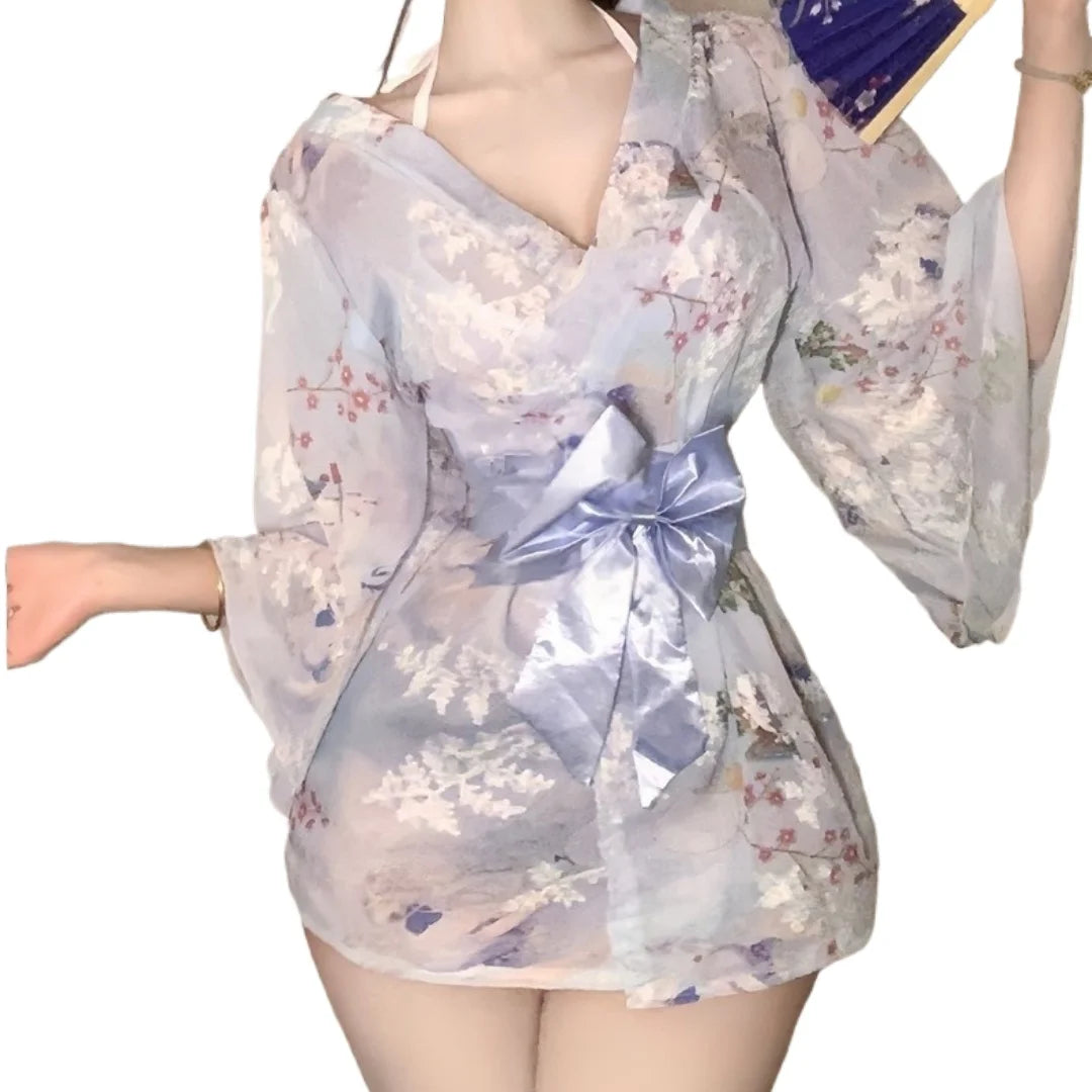 2026 New Tokyo Goddess Girl Sweet Bow Sexy Print Embroidered Kimono Bathrobe Chiffon Nightgown Erotic Lingerie Cosplay Costume