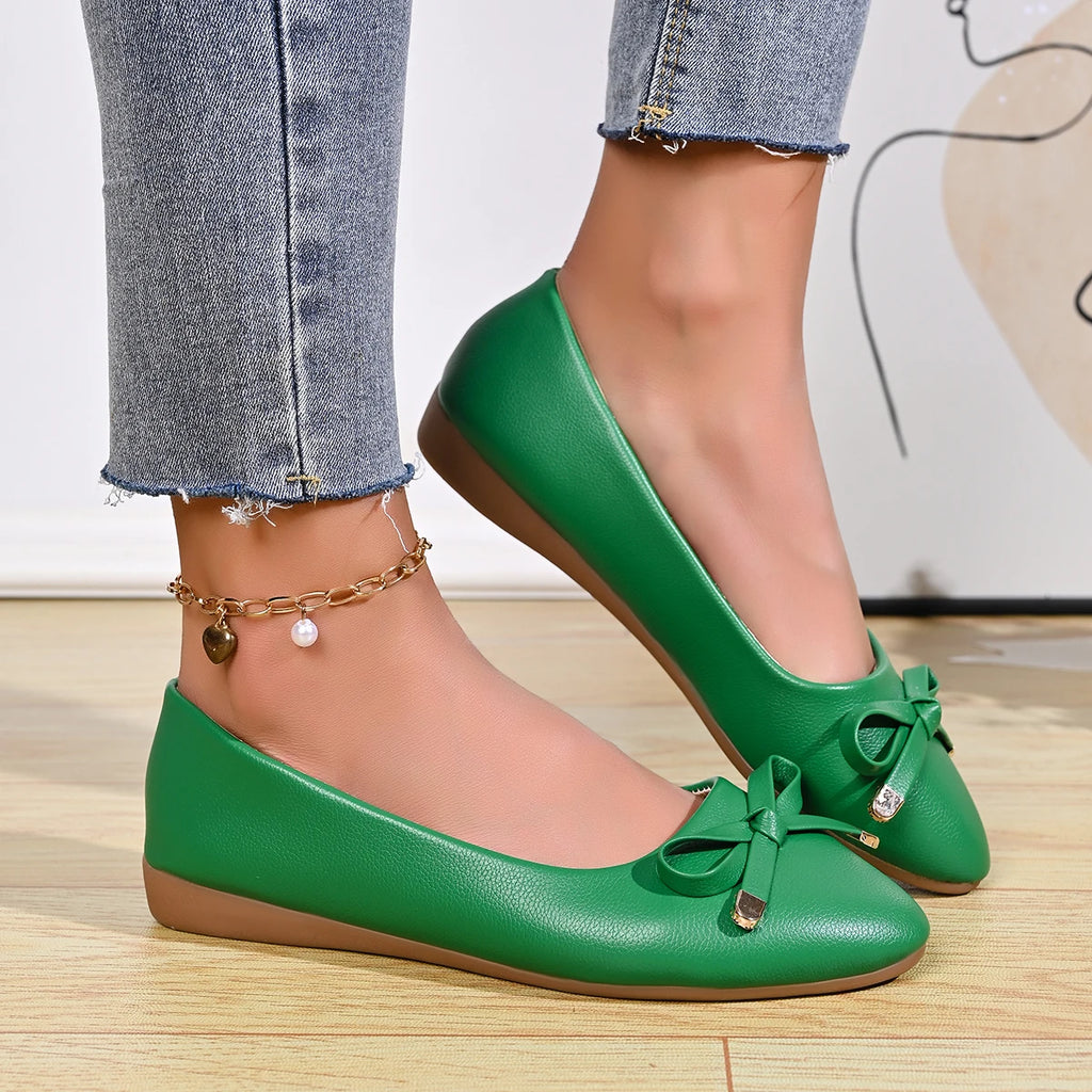 Bow Shallow Mouth Soft Sole Comfortable Leather Shoes Women's New Wedge Single Shoes