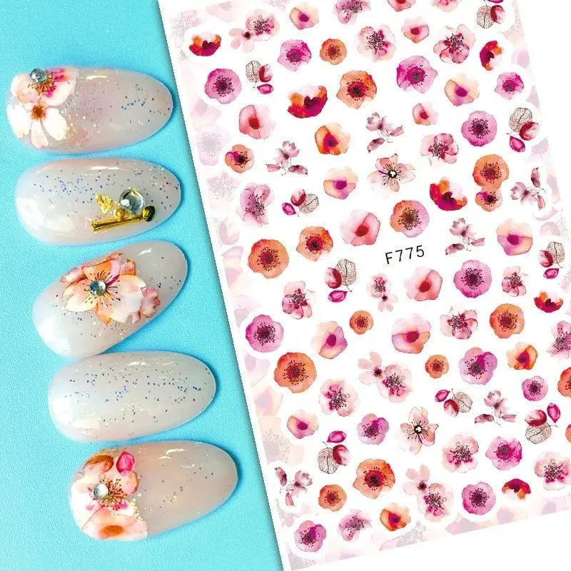3d Nail Art Decals Grey Dry Florals Watercolor Nuance Flowers Adhesive Sliders Nails Stickers Decorations For Manicures Tips