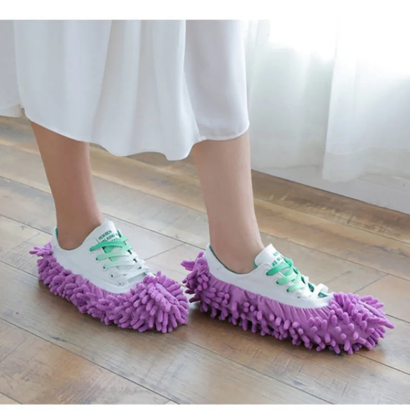 2 Pcs Chenille Mopping Shoes Colorful Household Cleaning Floor Dust Slippers Absorbent Cloth for Home Use
