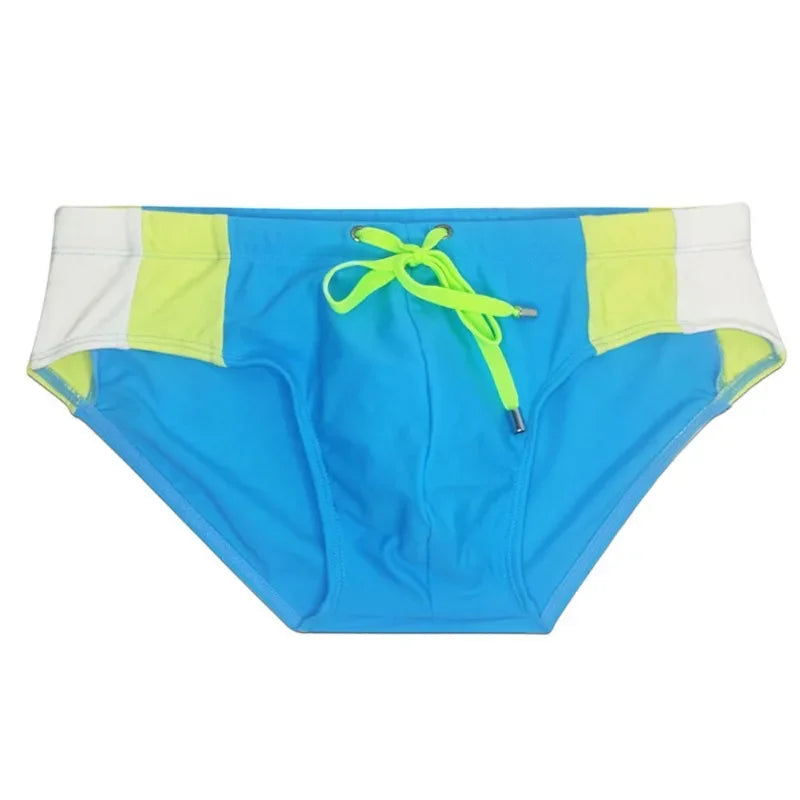 2025Men's side color matching triangle swimming trunks tethered close-fitting fashion trendy men's beach briefs men's UXH332