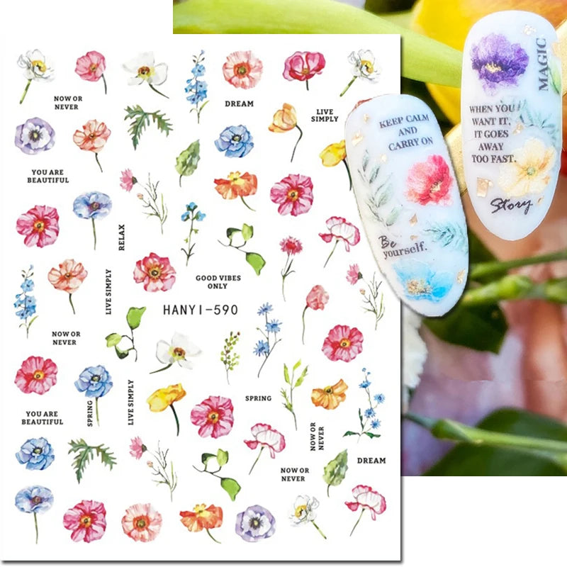 3d Nail Art Decals Grey Dry Florals Watercolor Nuance Flowers Adhesive Sliders Nails Stickers Decorations For Manicures Tips