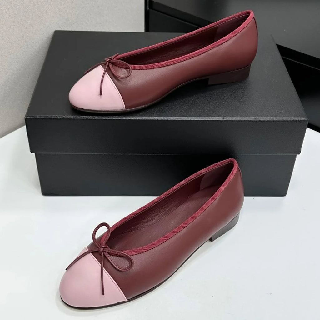 2026 Women's Two-Tone Cap-Toe Ballet Flats, Round Toe Leather Slip-On Shoes, Retro Elegant Chic Office & Date Flats YYT26041914