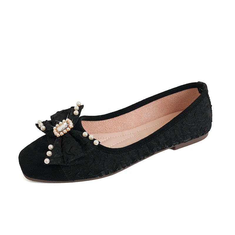 Diamond-encrusted bow versatile flat shoes 2026 new square toe soft sole slip-on single shoes