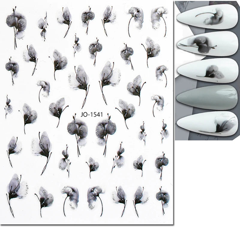 3d Nail Art Decals Grey Dry Florals Watercolor Nuance Flowers Adhesive Sliders Nails Stickers Decorations For Manicures Tips