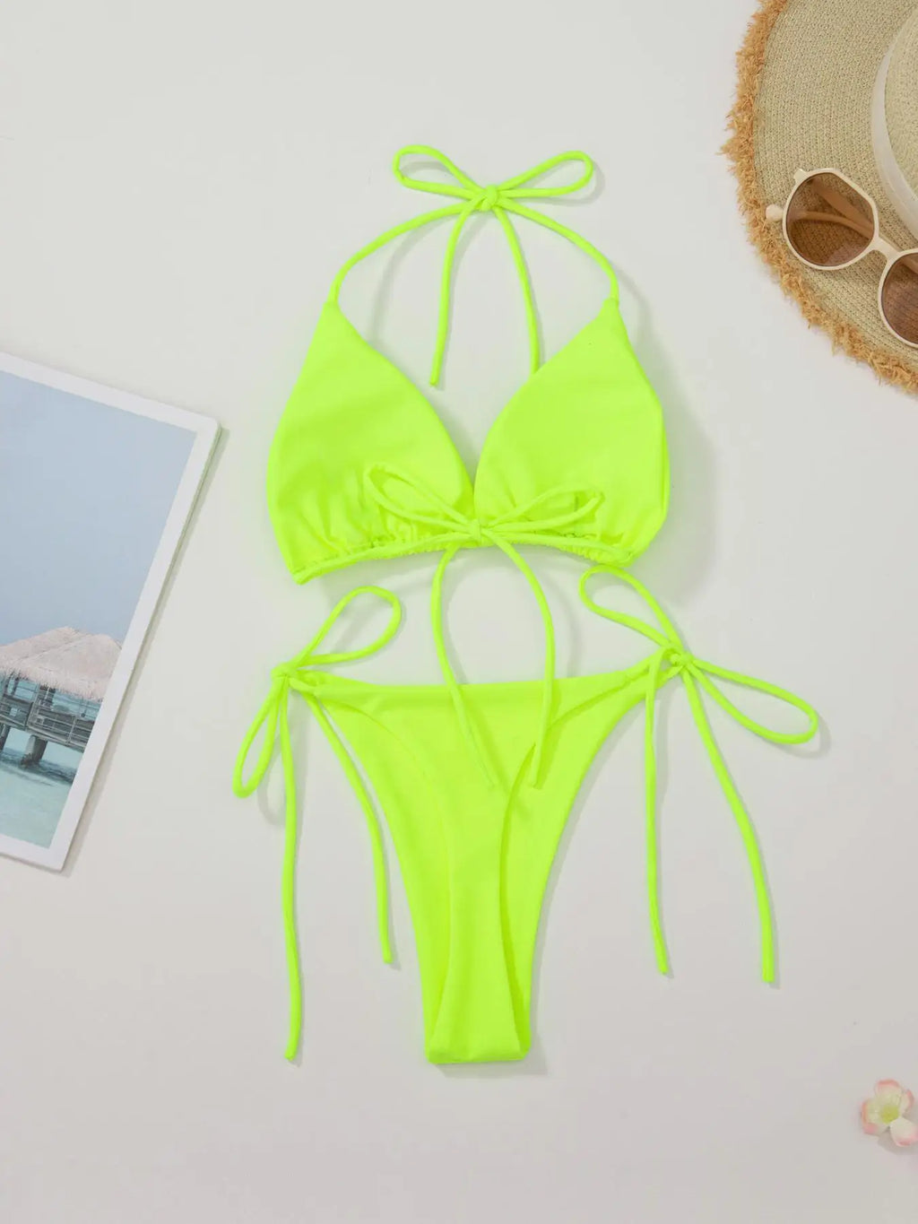 New European and American Pure Color Sexy Tied Rope Spicy Girl Temperament Women's Fashionable Bikini Swimsuit Bright Color