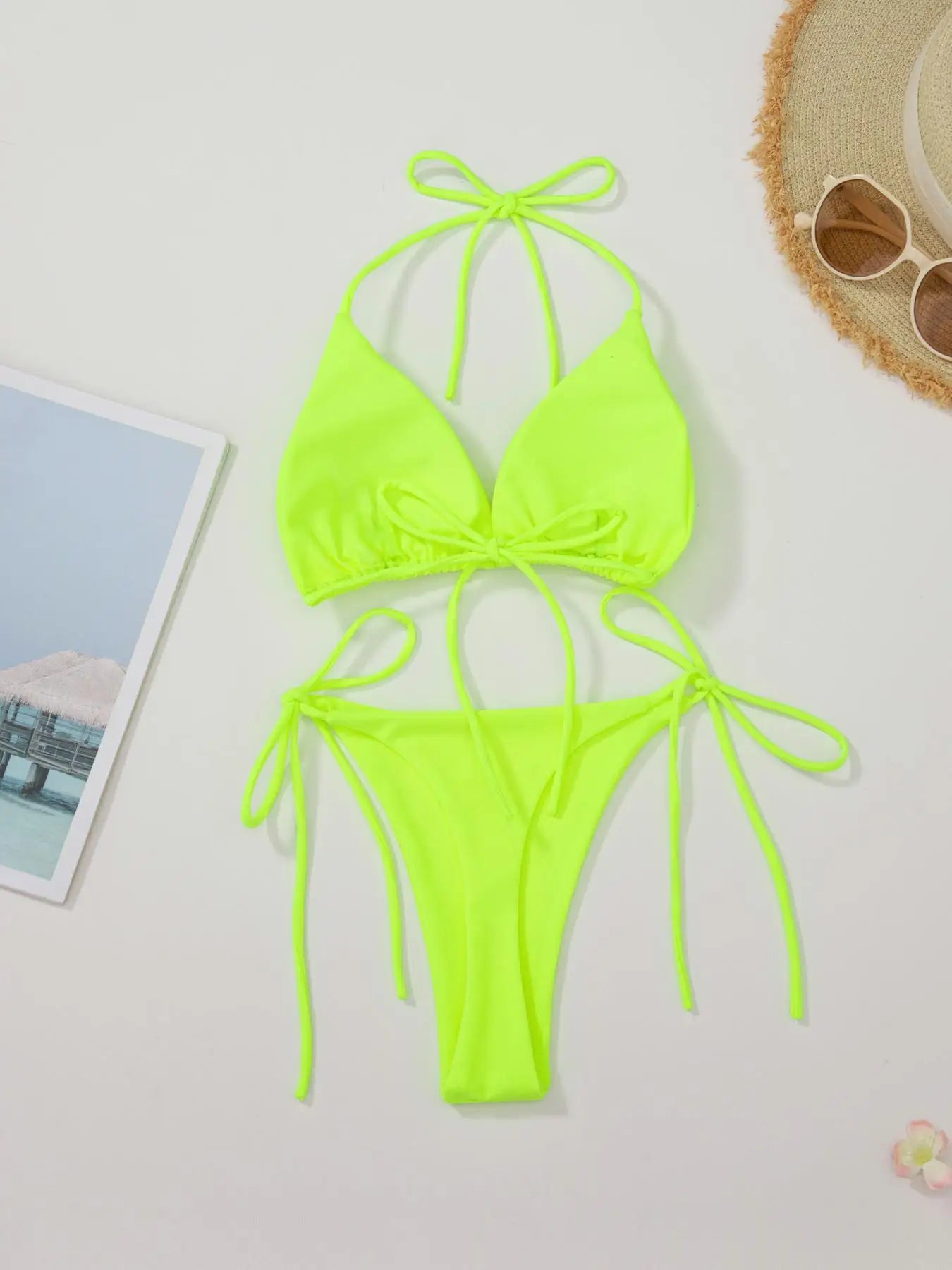 New European and American Pure Color Sexy Tied Rope Spicy Girl Temperament Women's Fashionable Bikini Swimsuit Bright Color