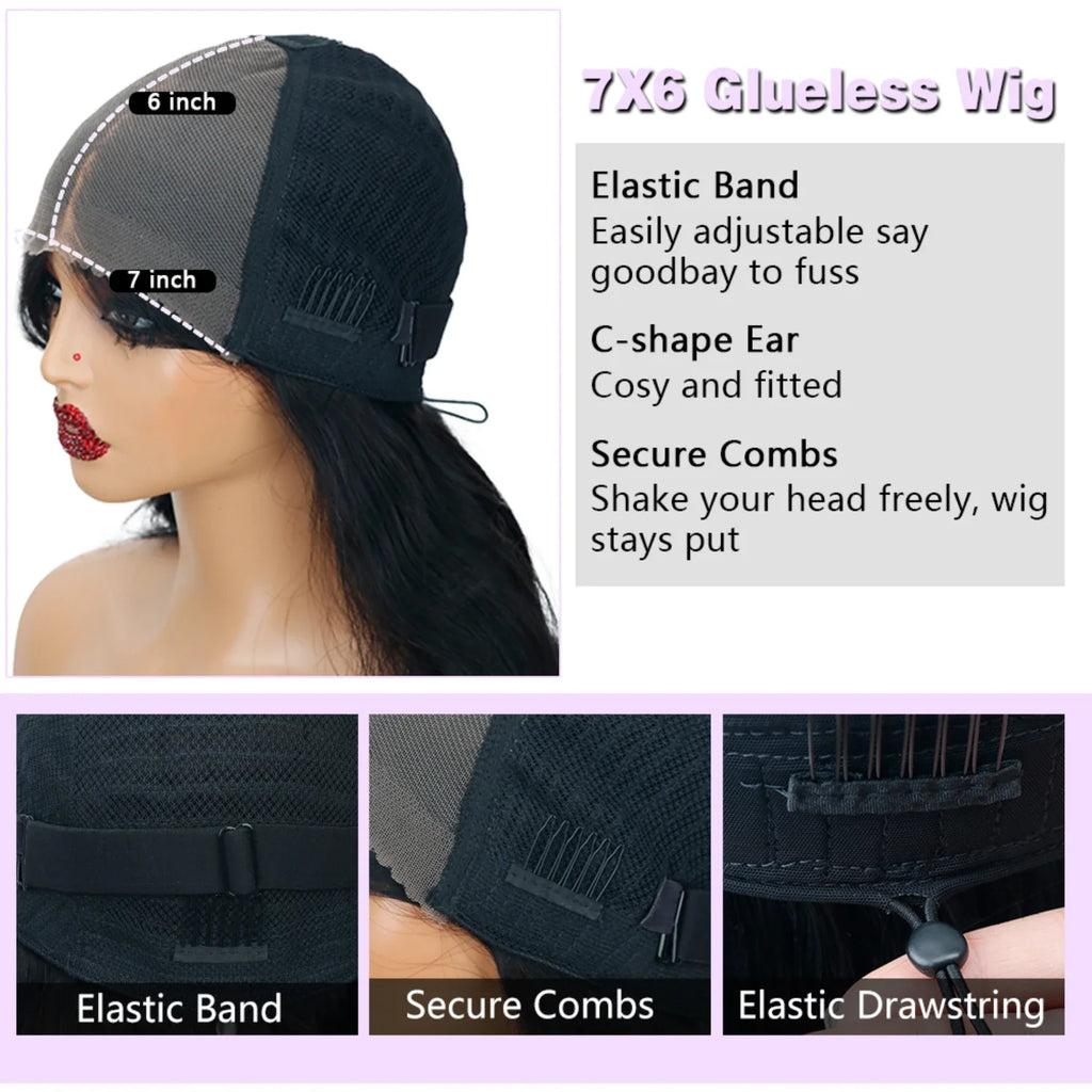 7x6 Straight Big Lace Front Wigs Human Hair No Glue HD Lace Front Closure Ready to Wear Wigs 220% Density Glueless Natural Black