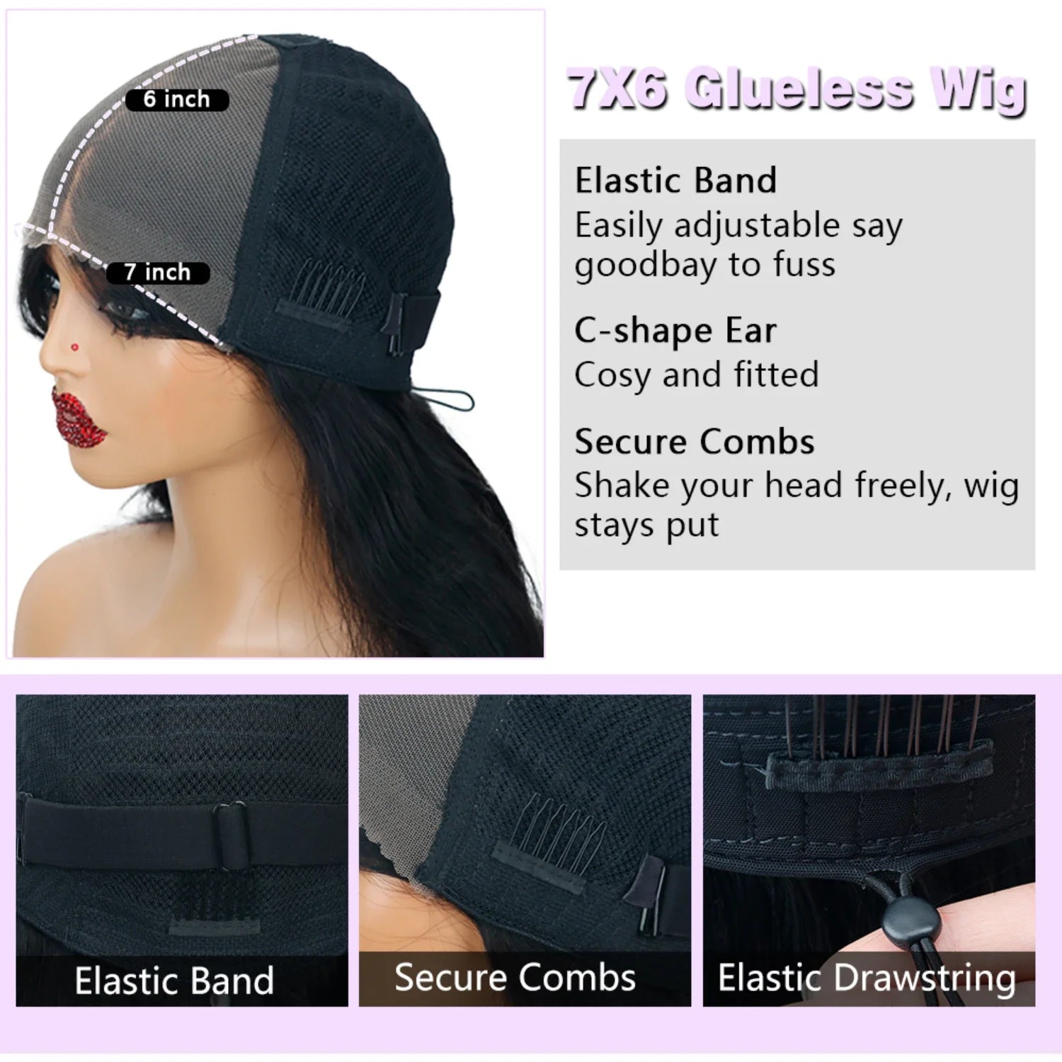 7x6 Straight Big Lace Front Wigs Human Hair No Glue HD Lace Front Closure Ready to Wear Wigs 220% Density Glueless Natural Black