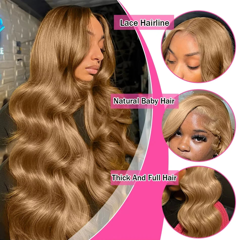 Peruvian 34 36 inch Honey Blonde 13x6 HD Lace Front Human Hair Wigs #27 Color Body Wave Glueless 13x4 Lace Fontal Wig For Women