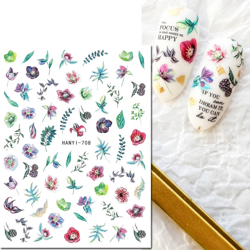 3d Nail Art Decals Grey Dry Florals Watercolor Nuance Flowers Adhesive Sliders Nails Stickers Decorations For Manicures Tips