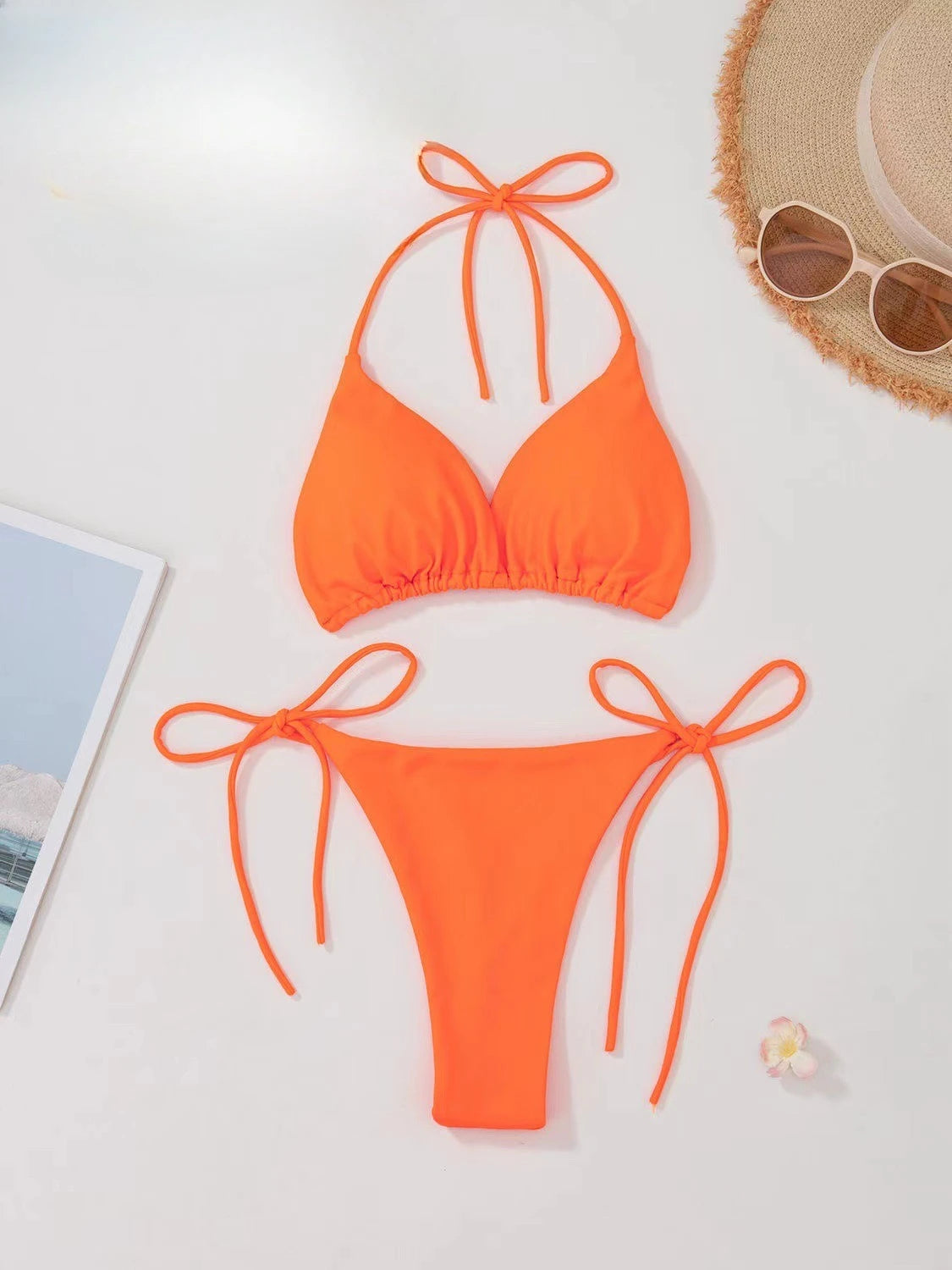 New European and American Pure Color Sexy Tied Rope Spicy Girl Temperament Women's Fashionable Bikini Swimsuit Bright Color