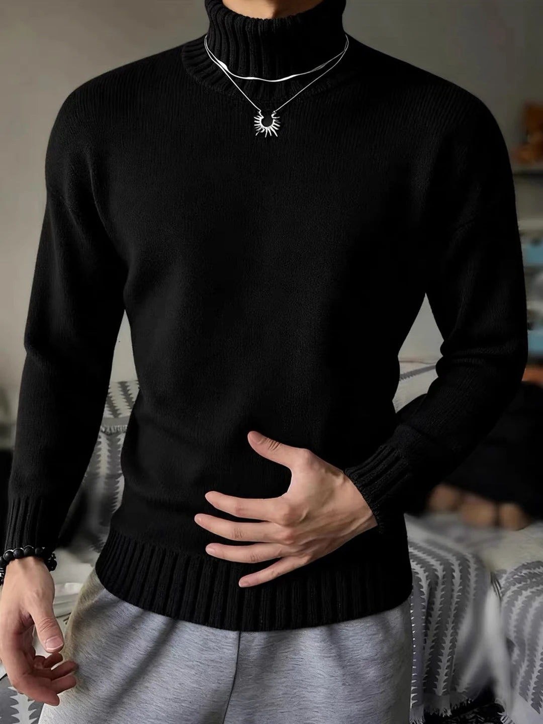 Men's High Collar Fleece Lined Sweater Black Warm Underwear Knitted Shirt Cleanfit Maturity Style Base Shirt Citywalk Casual ...