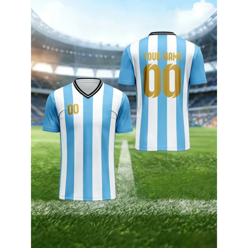 Argentina Jerseys Pattern T-Shirt For Men Football Customized 3D Print Short Sleeve Tops Summer Loose V-Neck T Shirts Sport Tees