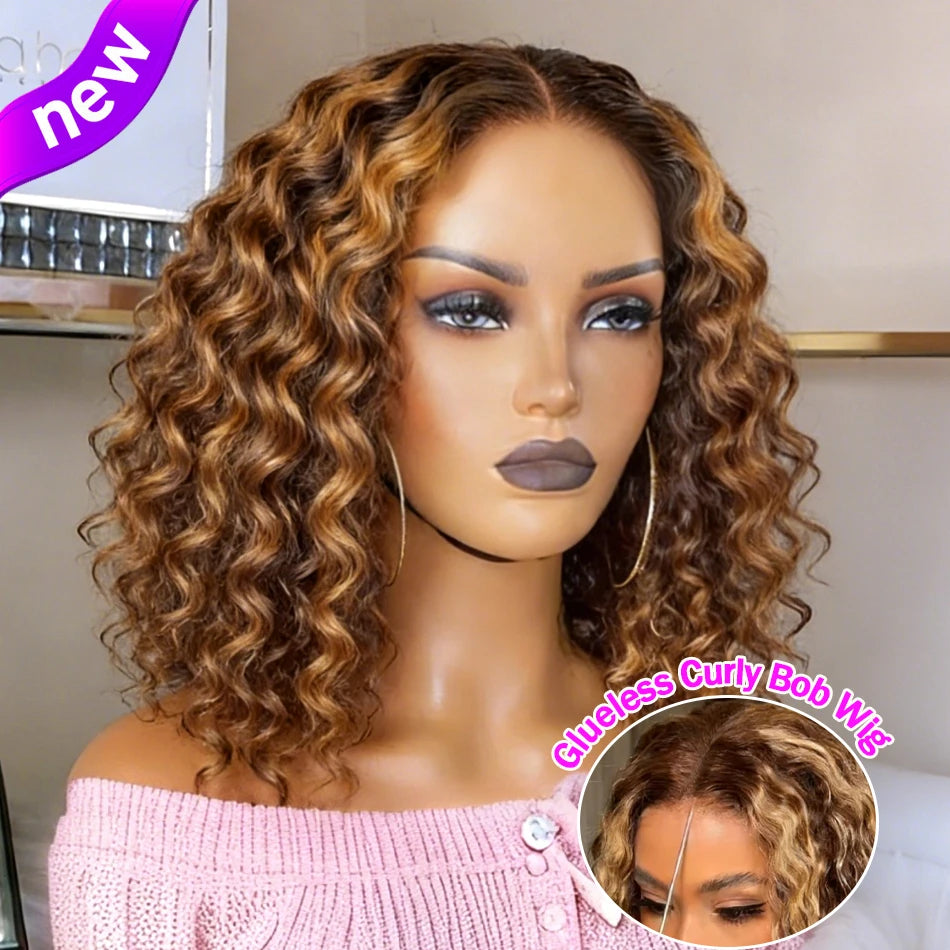 Highlight Honey Blonde Wear And Go Glueless Bob Wig Human Hair Curly Deep Wave Ombre Brown 5X5 Hd Lace Closure Wig 250 Density
