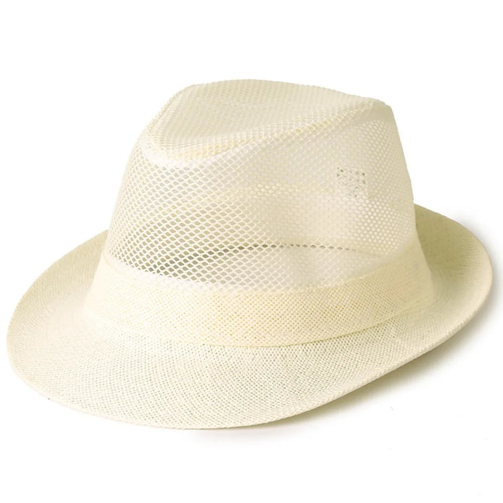 Fashion Breathable Mesh Top Hat Solid Color Lightweight Hollow Sun Hat Sun Protection Rolled Brim Beach Jazz Cap Casual Wear