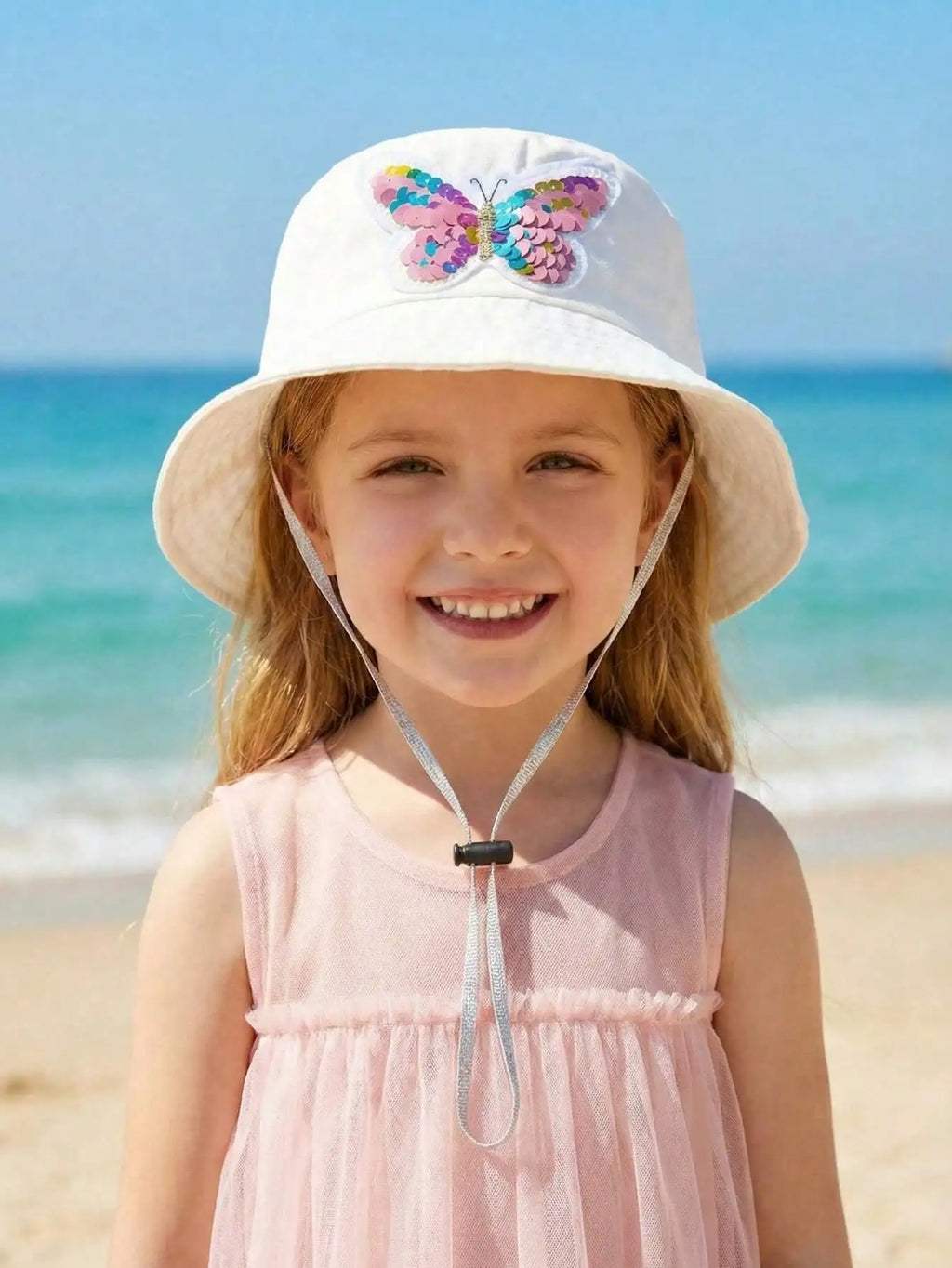1pcs 3-8Y Girls Sequined Butterfly Fisherman Hat Pink Adjustable Head Circumference Thin Sun Protection Summer Cap