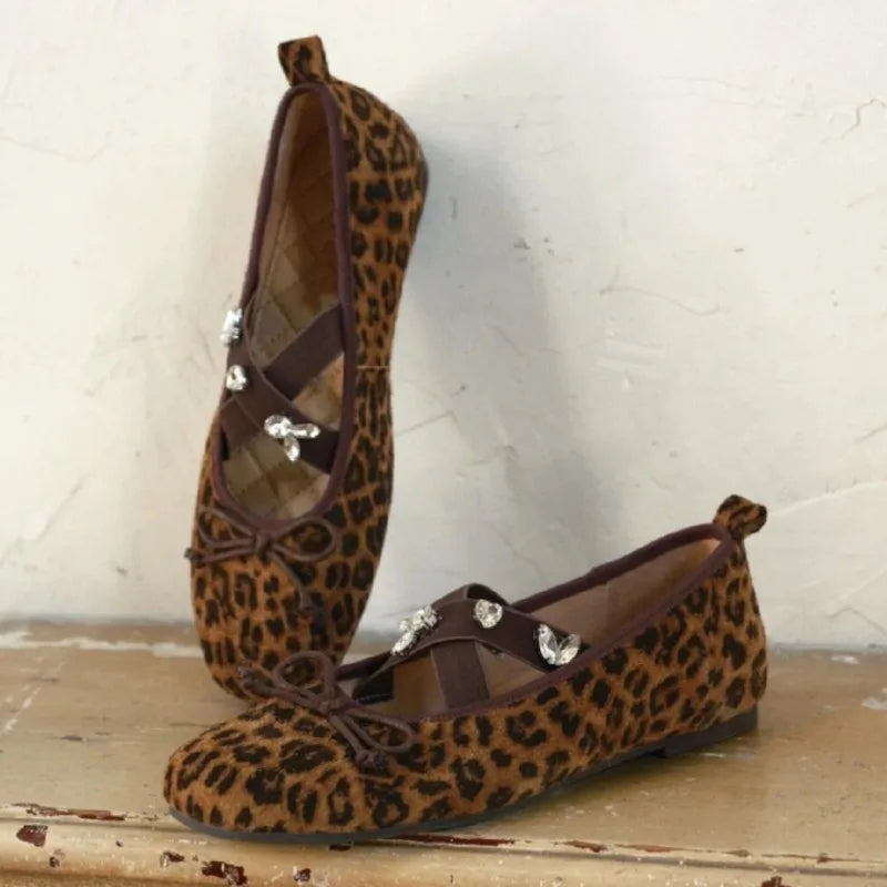 Embroidery Flower Ballet Flats Women Rhinestone Leopard Shallow Casual Footwear Female Comfy Fashion Brand Mary Jane Shoes Women