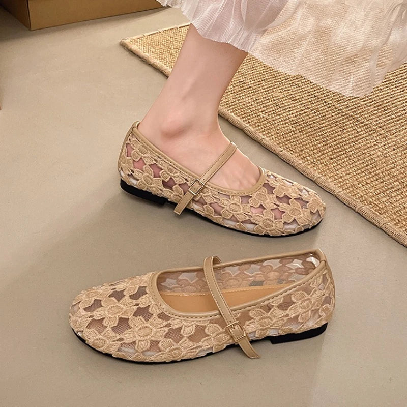 Women's Ballet Flats Ballerina Shoes 2026 Summer New Comfortable Embroidered Mesh Buckle Strap Elegant Shoe