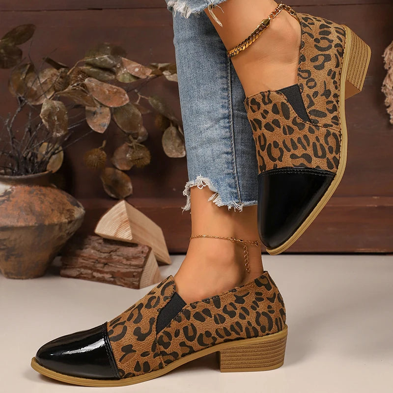 Leopard Printed Women's Low Heel Pumps Fashion Patent Leather Patchwork Dress Shoes for Women Comfy Pointed Toe Slip On Loafers