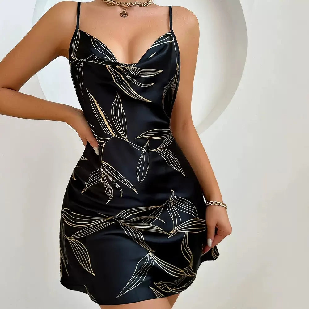 European and American Large-size Camisole Pajamas Cross-back Erotic Lingerie Micro-stretch Satin Camisole Nightgown for Women