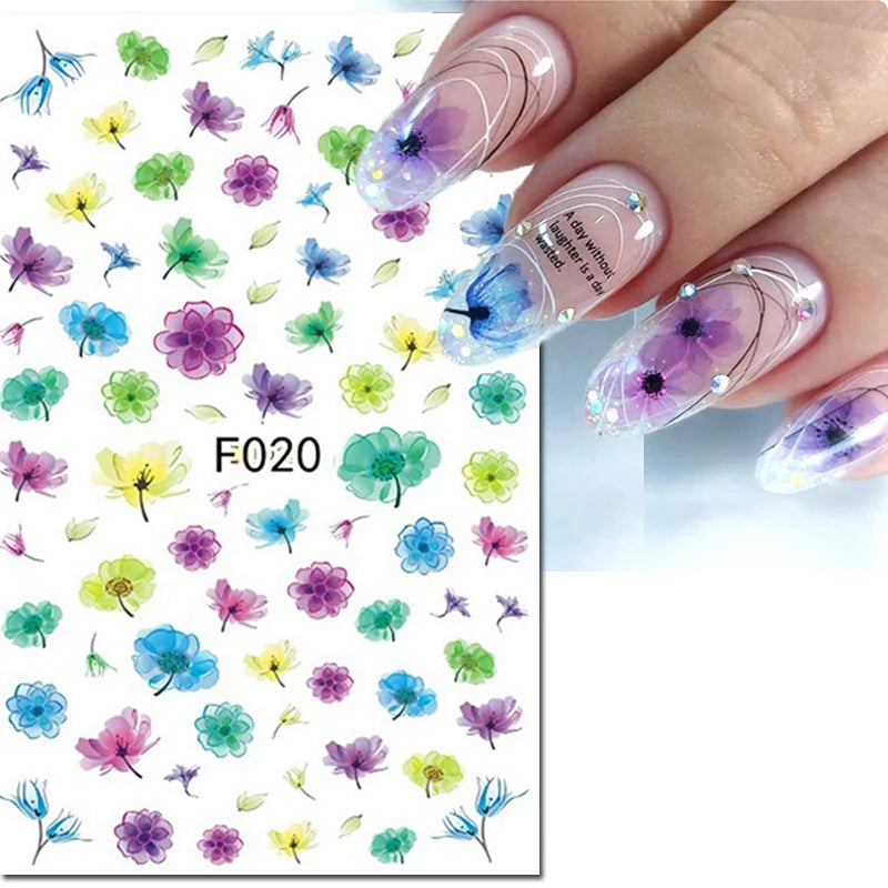 3d Nail Art Decals Grey Dry Florals Watercolor Nuance Flowers Adhesive Sliders Nails Stickers Decorations For Manicures Tips