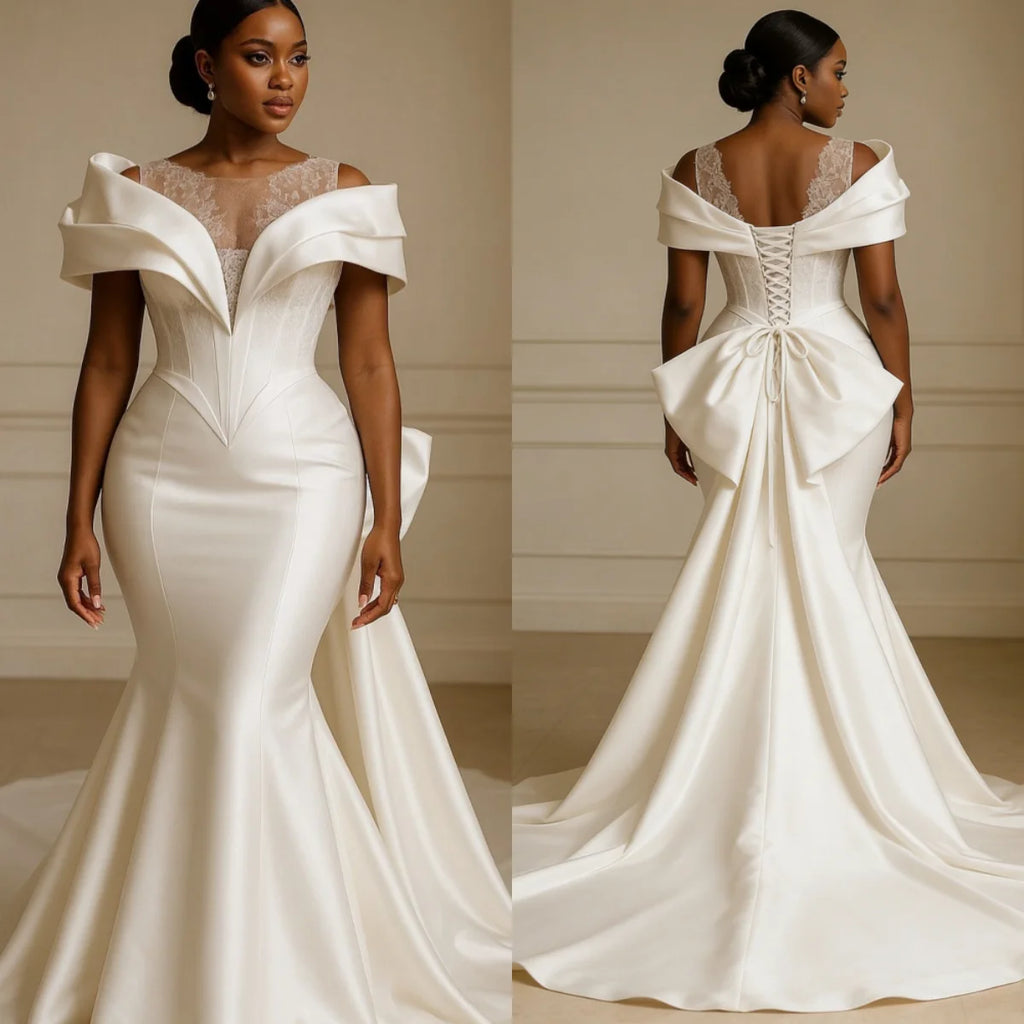 Customized 2026 African Style Mermaid Wedding Dress Luxury Satin Shoulder Design Lace Decoration Backless Strap Vestido De Novia