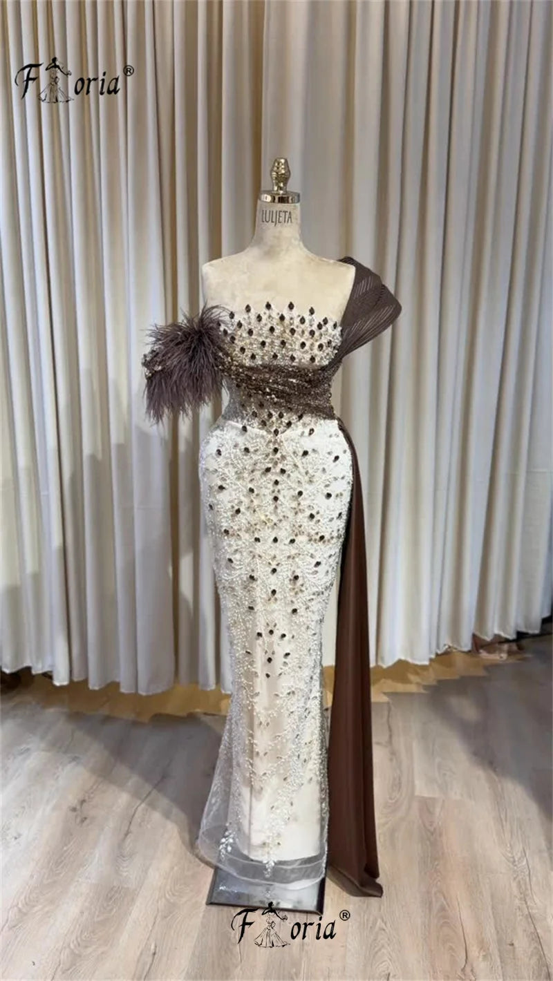 2026 New Elegant White Mermaid Evening Gown Off Shoulder Feather Beaded Brown Sash Formal Party Dress Robe De Mairee Customized