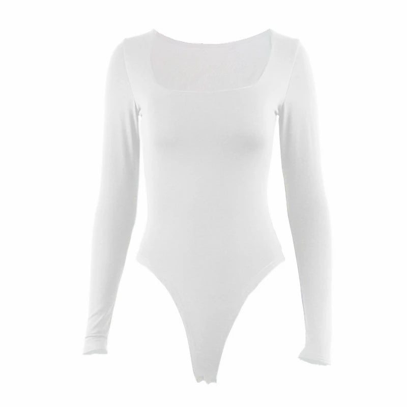 Bodysuit Long Sleeve Women Body streetwear dropshipping Forefair Sexy Bodycon Square Neck Sheath Crotch Basic Black Overalls Top