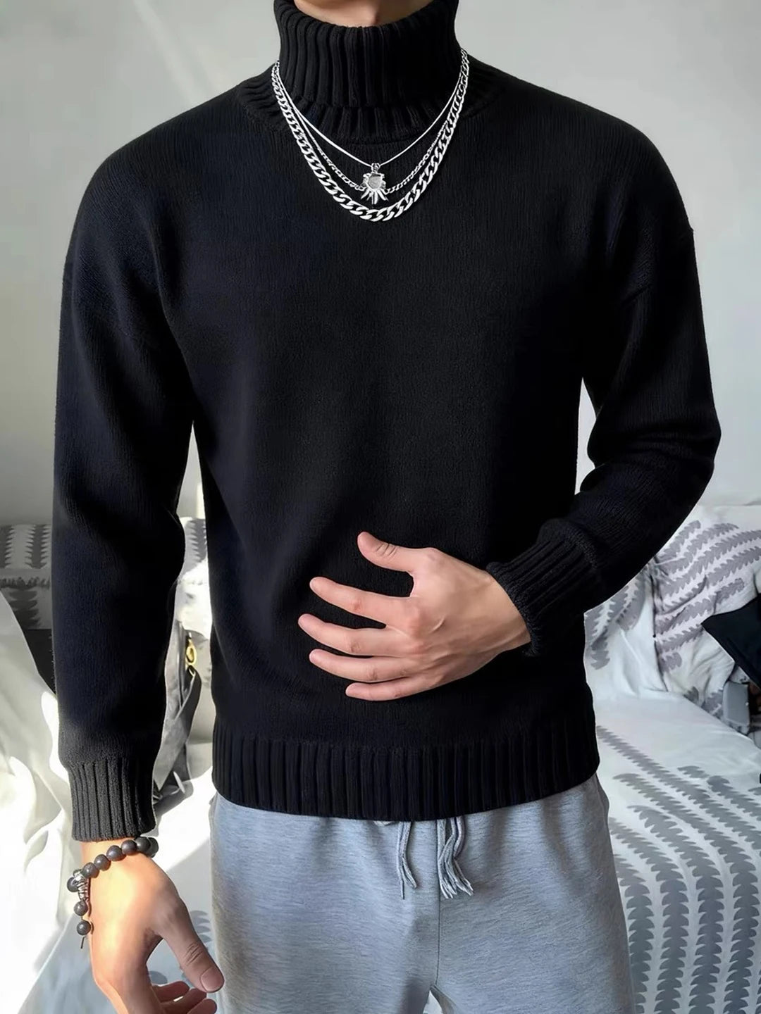 Men's High Collar Fleece Lined Sweater Black Warm Underwear Knitted Shirt Cleanfit Maturity Style Base Shirt Citywalk Casual ...