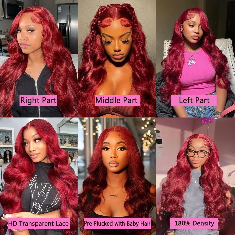99J Burgundy 200% Density Body Wave Brazilian 13x4 Lace Front Human Hair Wigs For Women 40 Inch 13x6 Lace Frontal Human Hair Wig