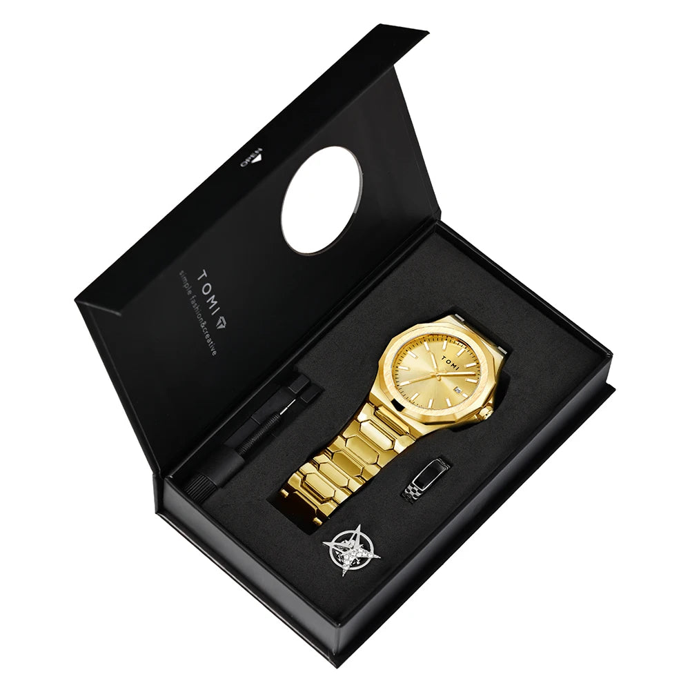 TOMI Luxury Business Men's Watch Gift Box Set High Quality Rose Gold Case Simple and Versatile Quartz Watch Relogio Masculino