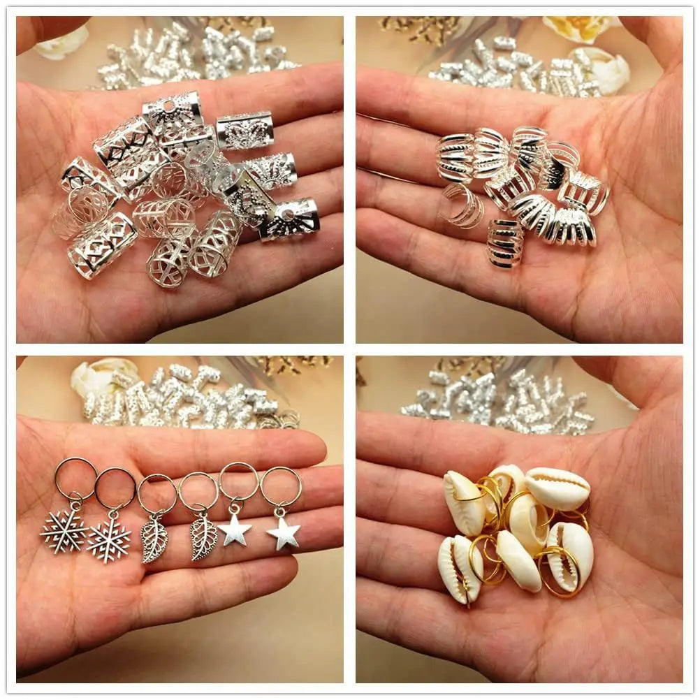 Dreadlock Braid Hair Decor Silver Tone Leaf Snowflake Wood Bead Shell Hollow Connection Ring Kit For Party Wig Styling