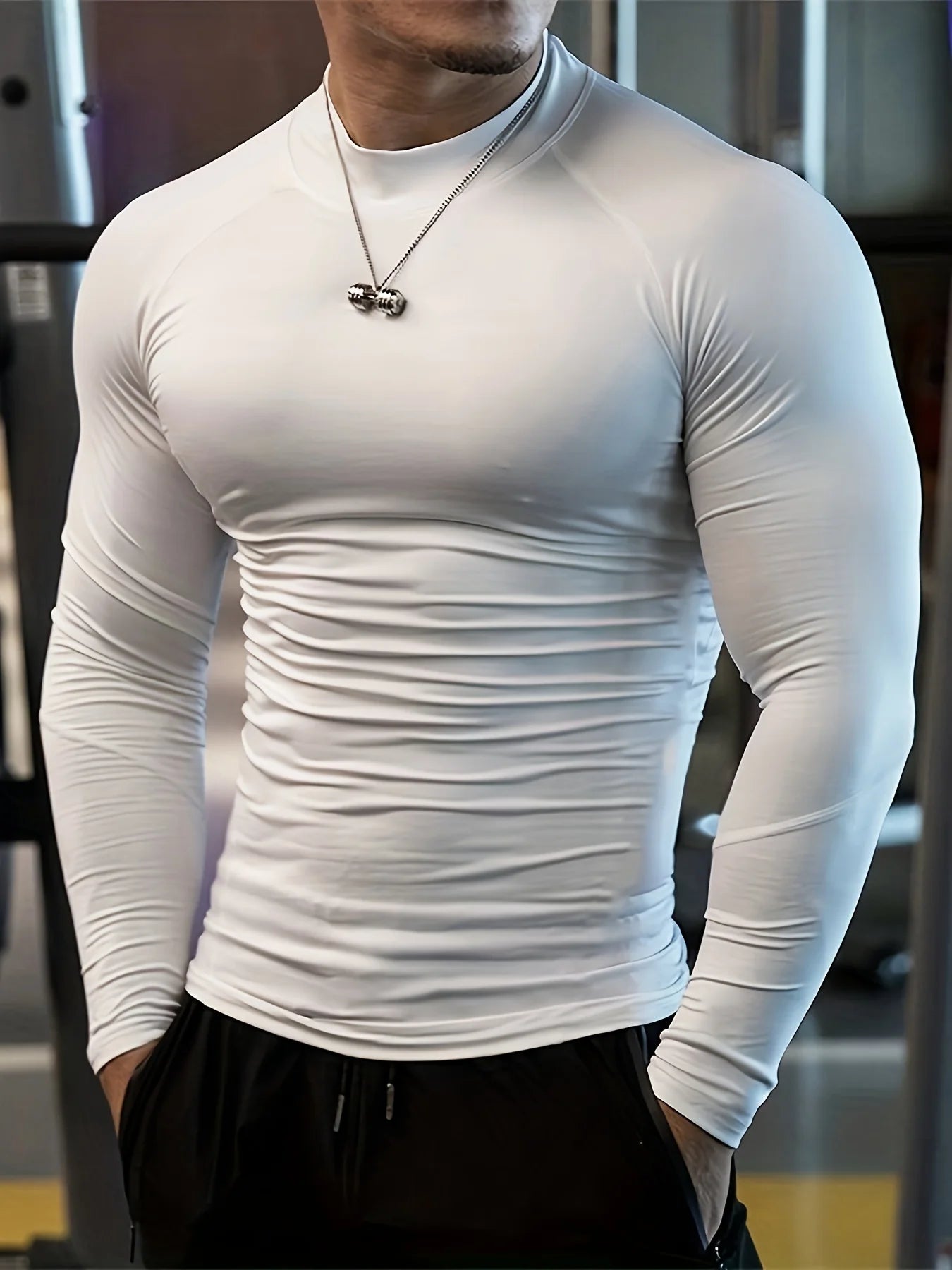 Men Muscle Shirts Turtleneck Long Sleeve Quick Dry Slim Fit for Men Workout Gym Fitness Underwear Tee Shirt