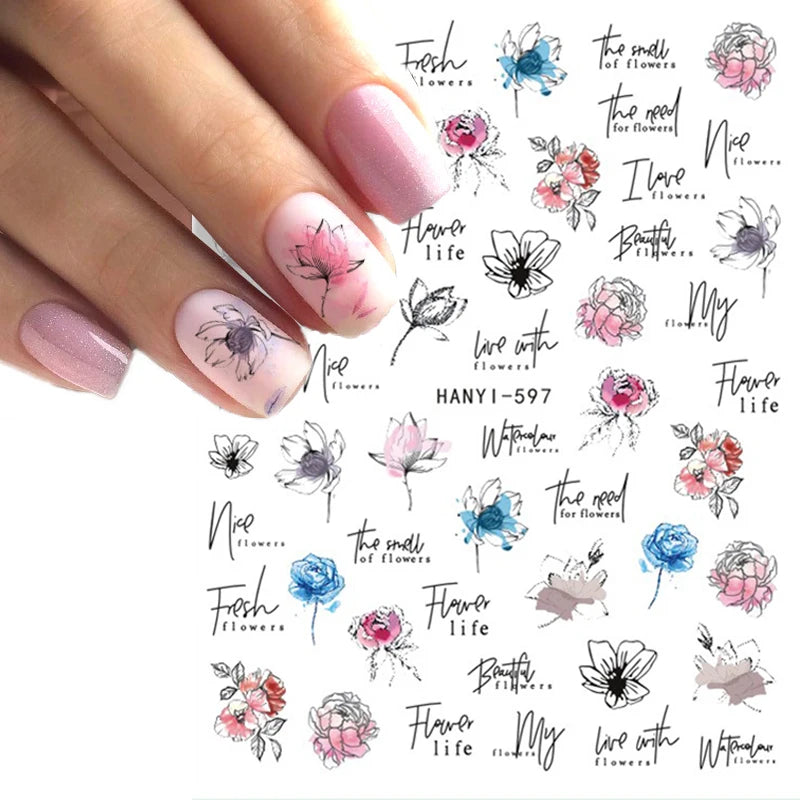 3d Nail Art Decals Grey Dry Florals Watercolor Nuance Flowers Adhesive Sliders Nails Stickers Decorations For Manicures Tips