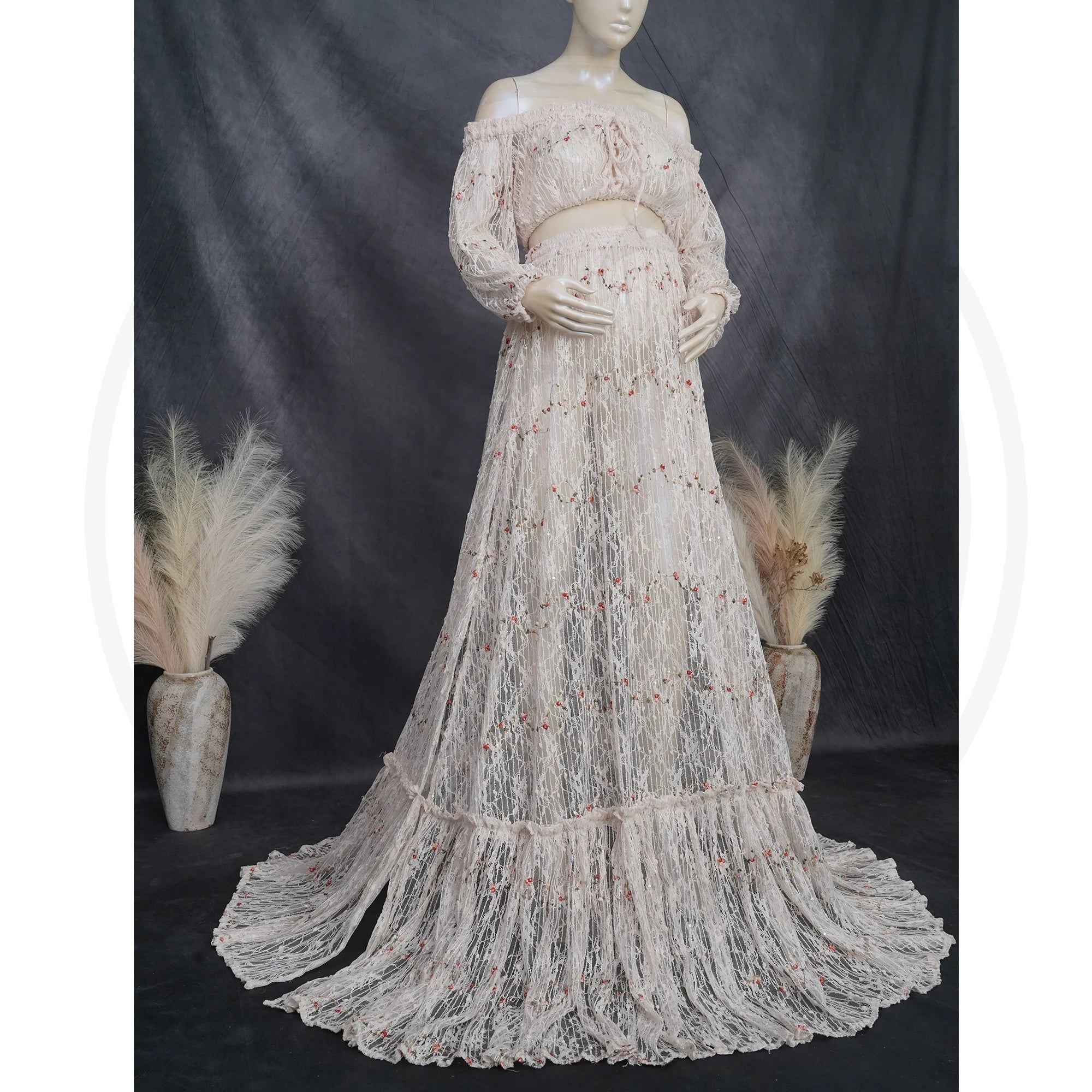 Don&Judy Flower Embroider Wedding Dresses Boho Bride Lace Two Pieces Party Gown Side Slit Maternity Photography Pregnancy Women