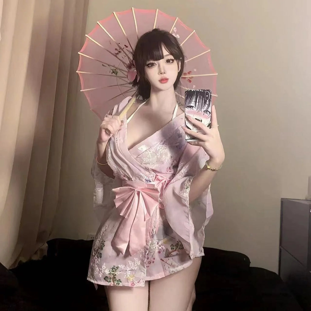 2026 New Tokyo Goddess Girl Sweet Bow Sexy Print Embroidered Kimono Bathrobe Chiffon Nightgown Erotic Lingerie Cosplay Costume