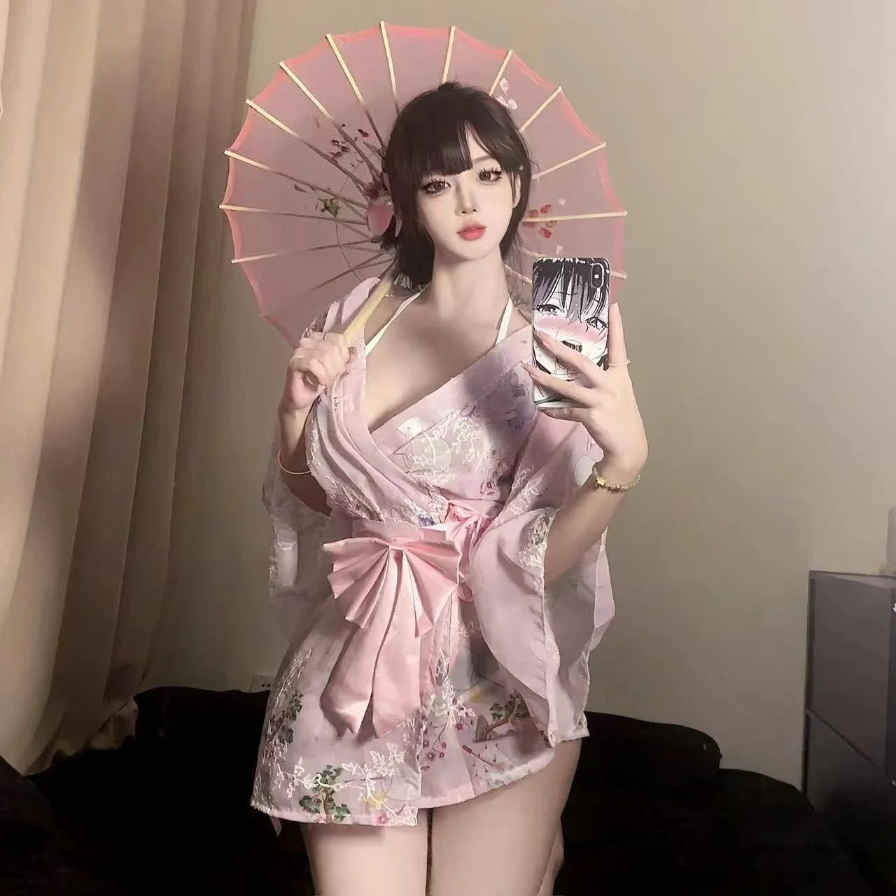 2026 New Tokyo Goddess Girl Sweet Bow Sexy Print Embroidered Kimono Bathrobe Chiffon Nightgown Erotic Lingerie Cosplay Costume