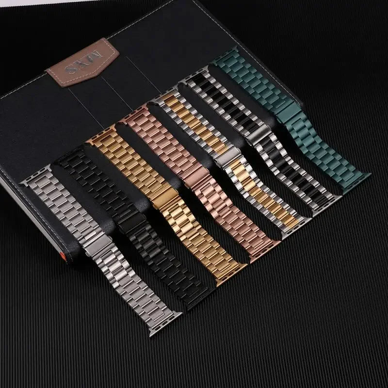 Stainless Steel Three-Bead Watch Strap for Apple Watch 44 45mm 38 40 4149 42mm Band Metal Wristband for iWatch 9 8 SE 7 6 5 4 3